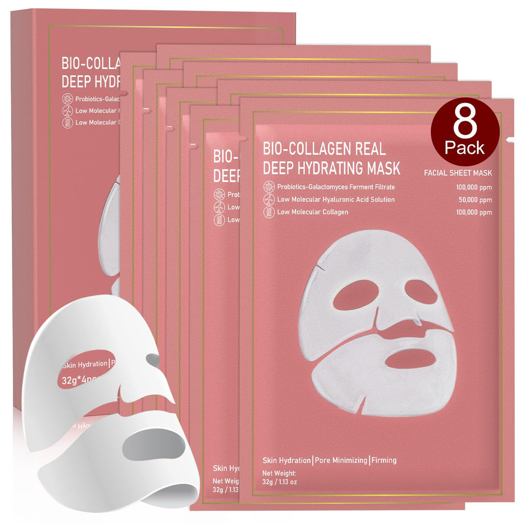 Bio-Collagen Real Deep Mask, 4 Pack Overnight Hydrating Face Mask for All Skin Types,Original Hydrating Collagen Face Mask